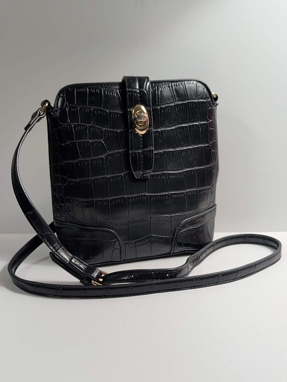 Black Croc-Embossed Turn-Lock Crossbody Bag